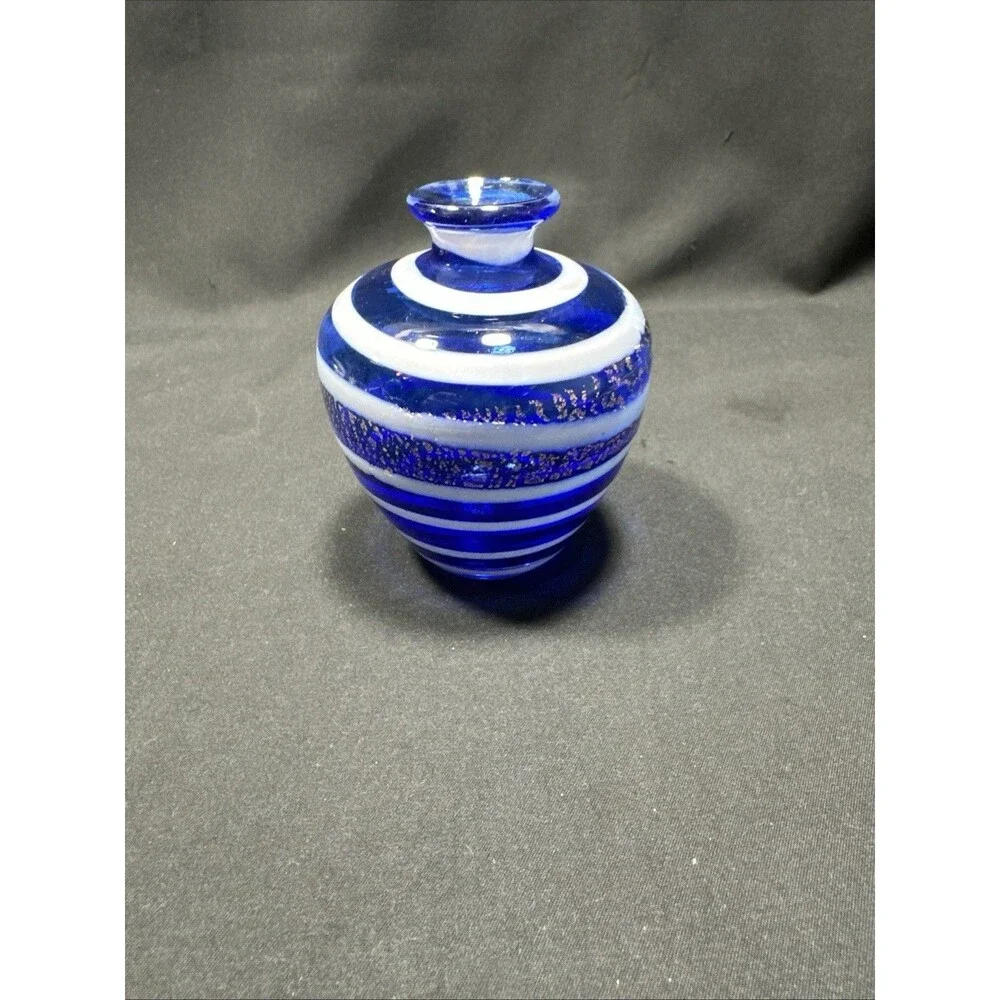 Bud Vase Cobalt Blue Art Glass White Swirl Gold Splat Mini 5oz 3.5x2.5xno Issues
